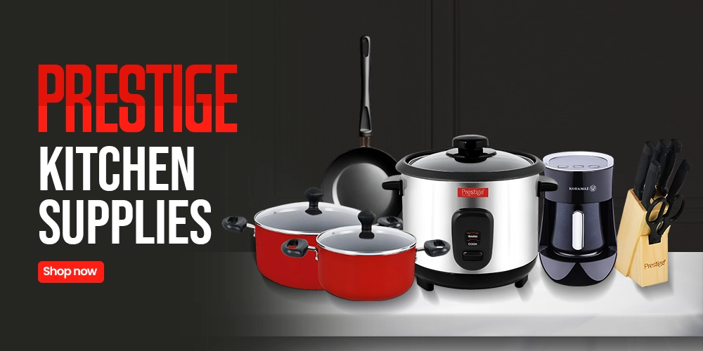 Banner showing Prestige kitchen supplies including cookware, knives, and appliances, designed for versatile home and professional cooking.